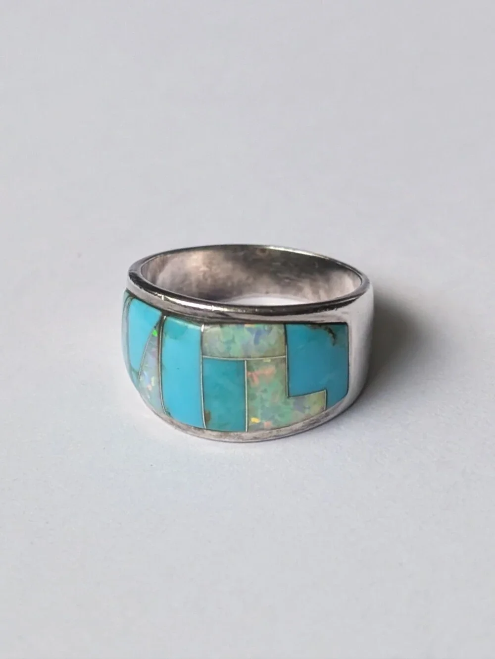 Sterling Silver Native American WhiteRock Ring band turquoise opal inlay 925